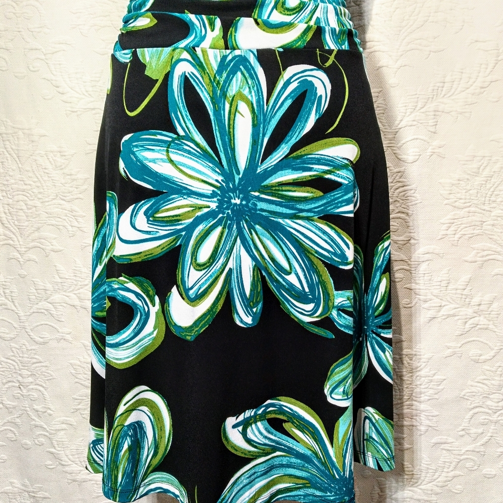 Enfocus Floral Stretchy Fitted Black Blue Midi Dress Size 6 - Picture 6 of 11
